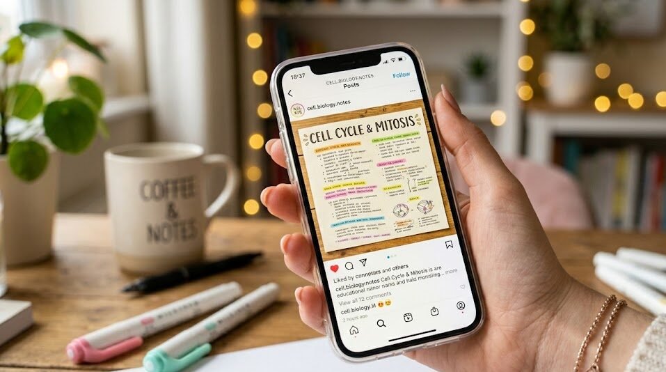 studygram o que é: Visão detalhada de uma mão feminina segurando um celular que exibe a foto perfeita de um mapa mental feito com lettering e canetas coloridas.