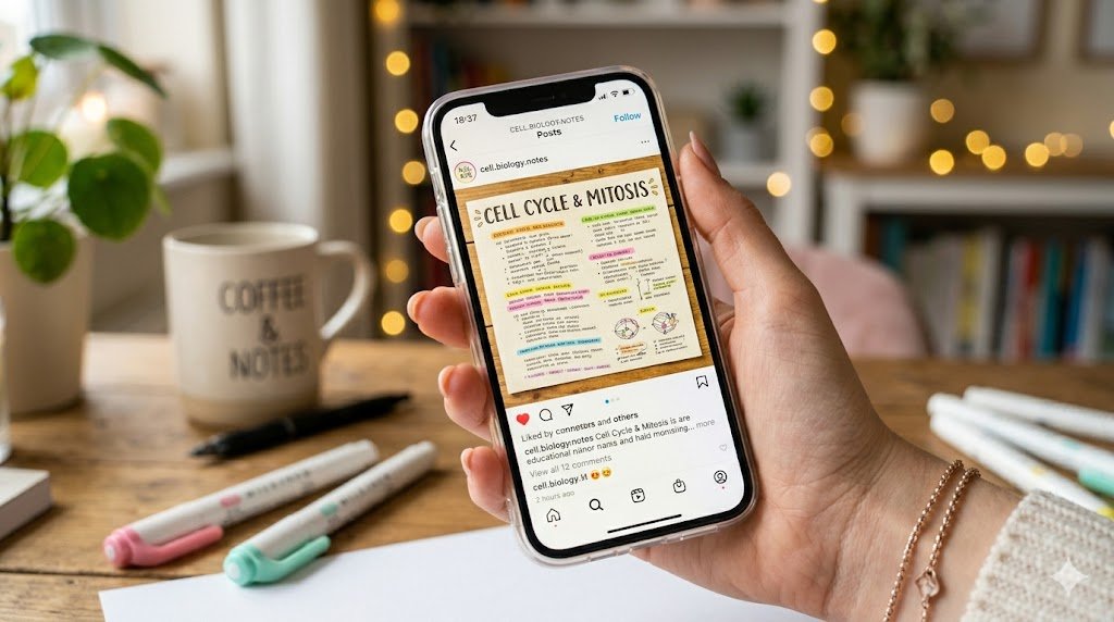  studygram o que é: Visão detalhada de uma mão feminina segurando um celular que exibe a foto perfeita de um mapa mental feito com lettering e canetas coloridas.