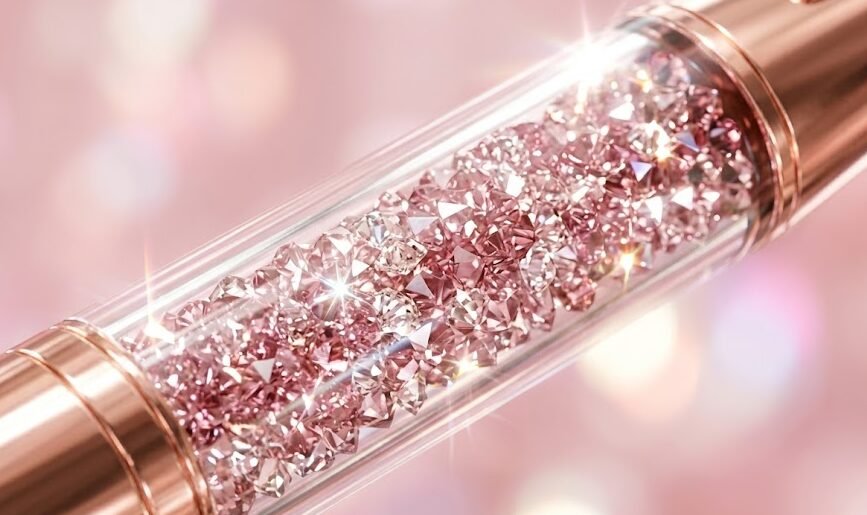 Visão detalhada da belíssima caneta Swarovski rosa com acabamento em ouro rosé e centenas de cristais brilhantes dentro do corpo transparente.