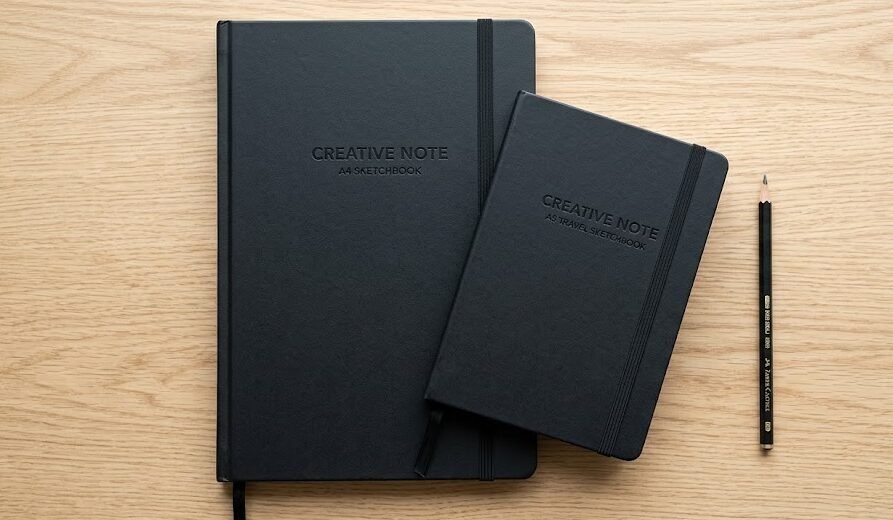Qual Sketchbook Comprar: Comparação visual entre dois cadernos de desenho pretos de capa dura, mostrando a diferença de escala entre o formato grande A4 e o formato compacto A5.