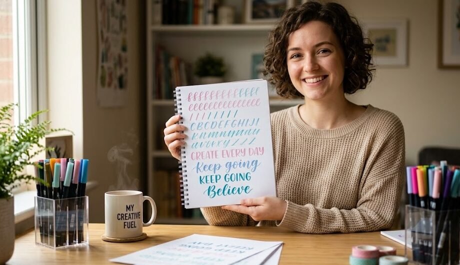 Exercícios de Lettering Pessoa criativa e sorridente segurando com orgulho sua folha de caderno totalmente preenchida com exercícios práticos de caligrafia.
