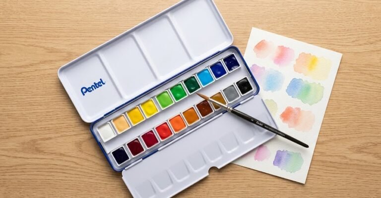 Kit de aquarela Pentel 24 cores aberto sobre mesa de madeira clara com pincel e papel aquarela
