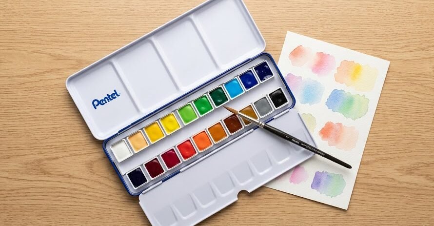 Kit de aquarela Pentel 24 cores aberto sobre mesa de madeira clara com pincel e papel aquarela