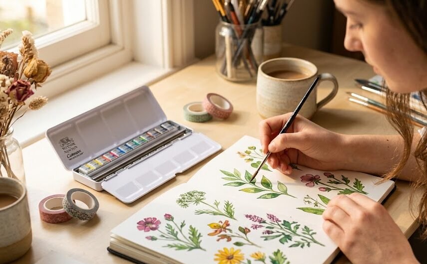 Winsor & Newton: Jovem mulher pintando com aquarela Winsor Newton Cotman em sketchbook sobre mesa de madeira clara