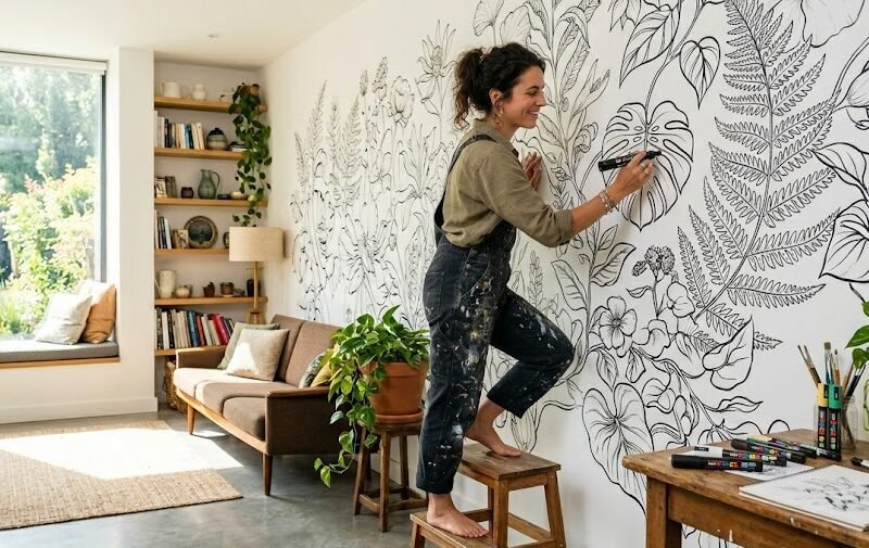 Foco nas mãos de um artista segurando três modelos de canetas Posca grossas (7M, 8K e 17K) prontas para serem usadas em um mural.