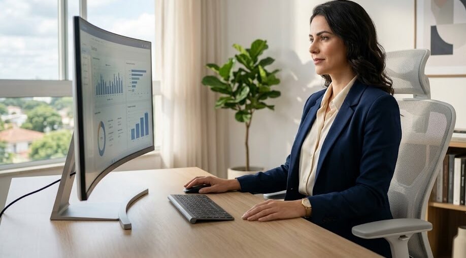 Home Office Feminino: Única empreendedora com postura correta sentada em uma cadeira de escritório ergonômica branca com encosto em tela.