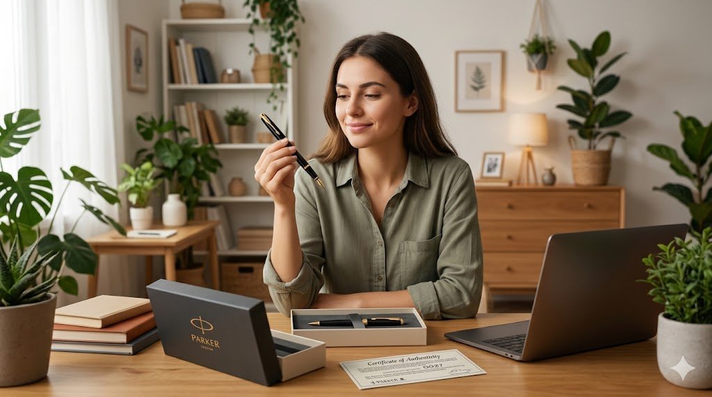 Como Saber Se a Caneta Parker é Original Única jovem empreendedora satisfeita após fazer o unboxing de sua caneta Parker original, com a caixa luxuosa e os certificados sobre a mesa.