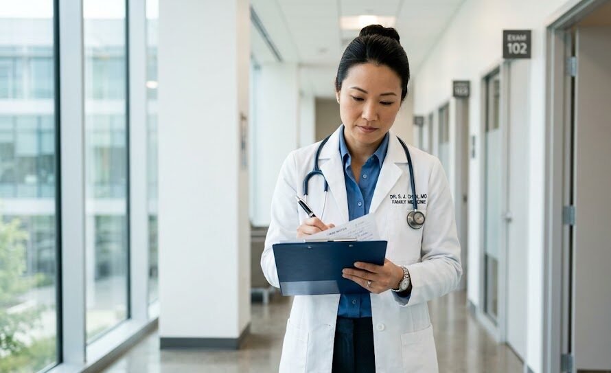 caneta parker tinteiro Única médica confiante de jaleco branco fazendo anotações rápidas em uma prancheta usando uma caneta Parker esferográfica em uma clínica moderna.