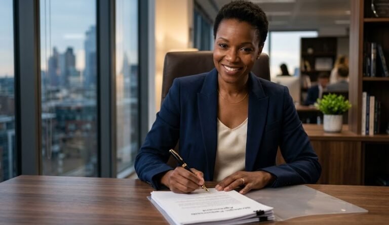 Única executiva elegante e confiante assinando um documento importante com uma luxuosa caneta Parker em uma mesa de escritório moderna.