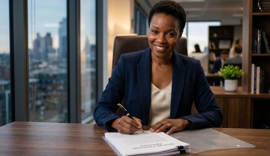 Única executiva elegante e confiante assinando um documento importante com uma luxuosa caneta Parker em uma mesa de escritório moderna.
