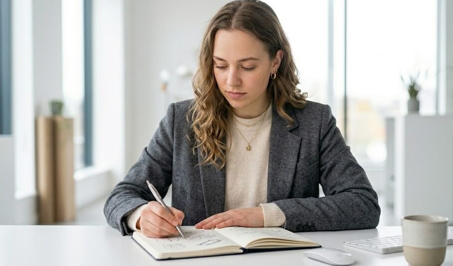Única designer focada em sua mesa branca escrevendo e esboçando ideias em seu caderno de notas usando uma caneta Parker Jotter de aço inoxidável.