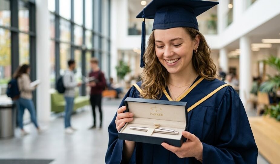 Única jovem recém-formada sorridente segurando uma caixinha de presente aberta contendo uma caneta Parker Jotter prateada.