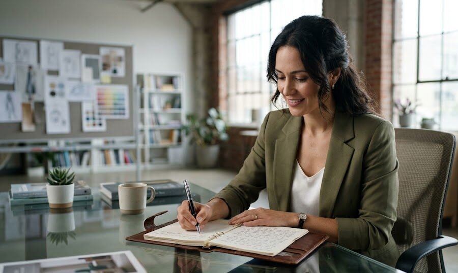 caneta parker tinteiro Única executiva em uma mesa de vidro escrevendo longos textos de forma confortável em um planner de couro com uma caneta Parker roller ball.