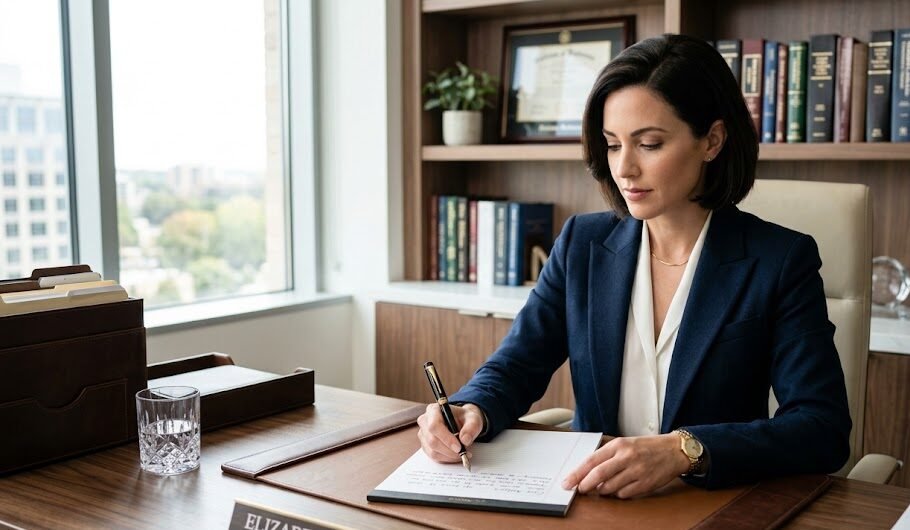Única advogada elegante em seu escritório escrevendo suavemente em um bloco de notas premium usando uma clássica caneta Parker tinteiro.