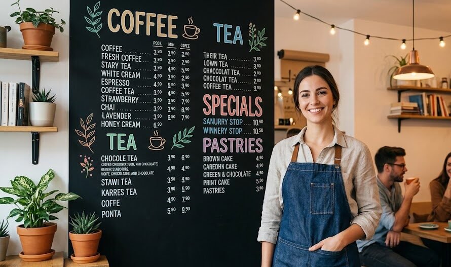 Barista sorridente ao lado de uma linda parede escura de cafeteria, decorada com um menu feito inteiramente em lettering colorido usando caneta Posca.