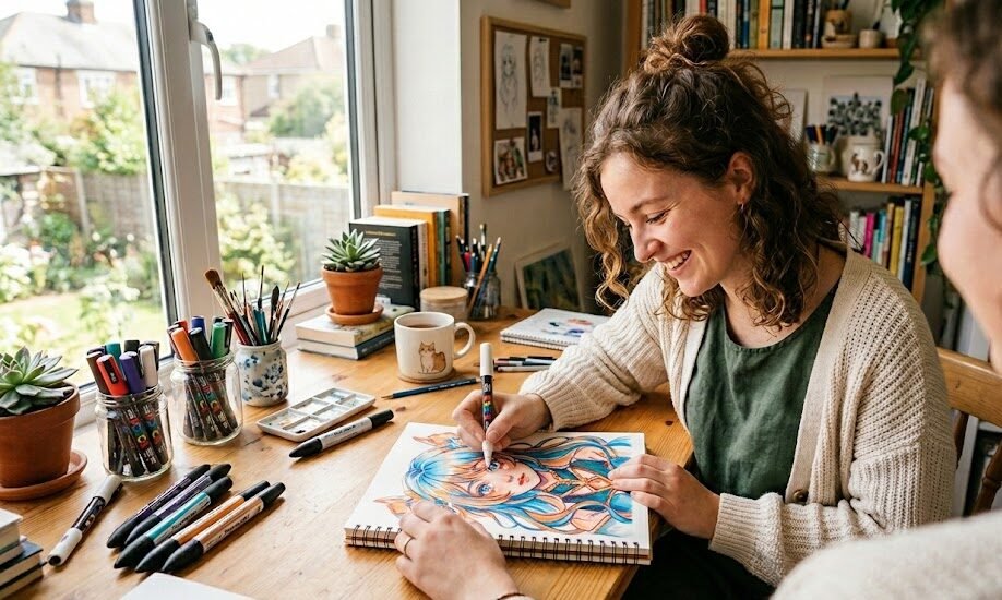 Jovem artista sorridente adicionando detalhes de brilho nos olhos de um personagem de anime usando uma caneta Posca branca em seu sketchbook.