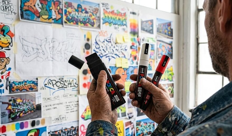 Caneta Posca na Parede: Casal criativo e sorridente esboçando o rascunho de um mural com giz branco em uma parede escura antes de aplicar a tinta definitiva.