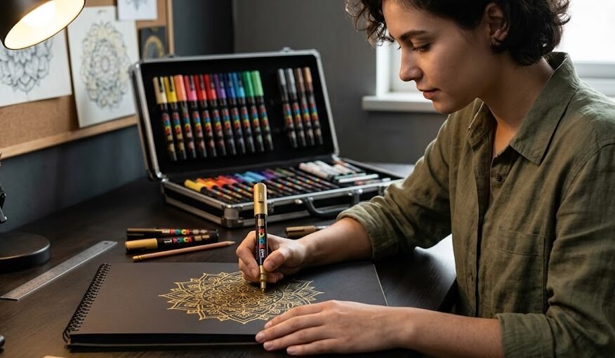 Kit de Caneta Posca: Artista sentada à mesa desenhando com uma caneta Posca grossa, com várias canetas Posca de ponta extrafina apoiadas ao lado no caderno.