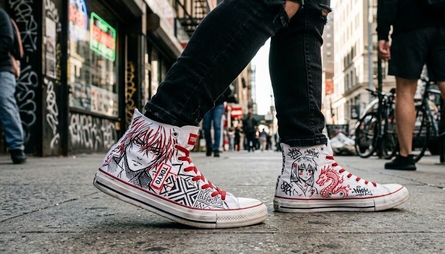 Fotografia urbana das pernas de uma pessoa caminhando com tênis brancos de lona customizados à mão com desenhos incríveis em vermelho e preto.