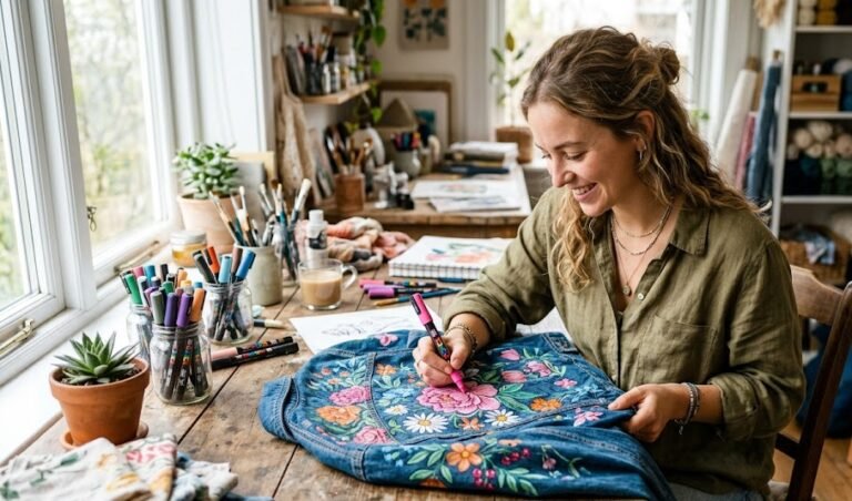 Mulher criativa e sorridente pintando flores nas costas de uma jaqueta jeans usando uma caneta Posca rosa em seu estúdio iluminado.