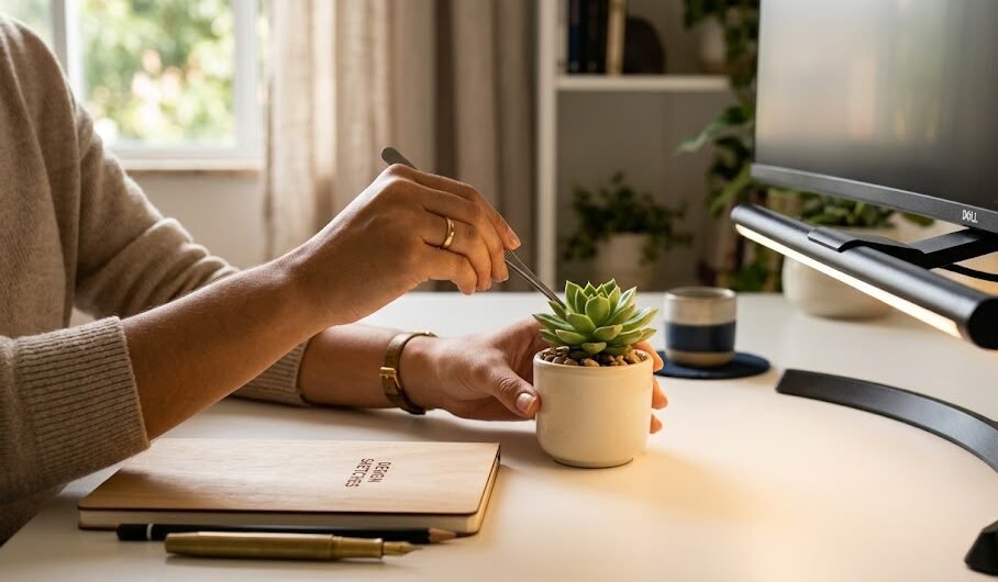 Única designer organizando uma pequena planta suculenta ao lado de uma luminária de monitor em uma mesa de escritório impecavelmente limpa.