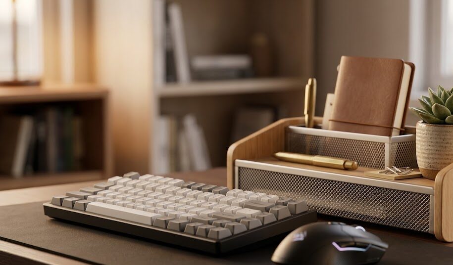 O que é setup Detalhe de mesa de setup organizada com teclado mecânico, mouse, porta canetas e iluminação suave