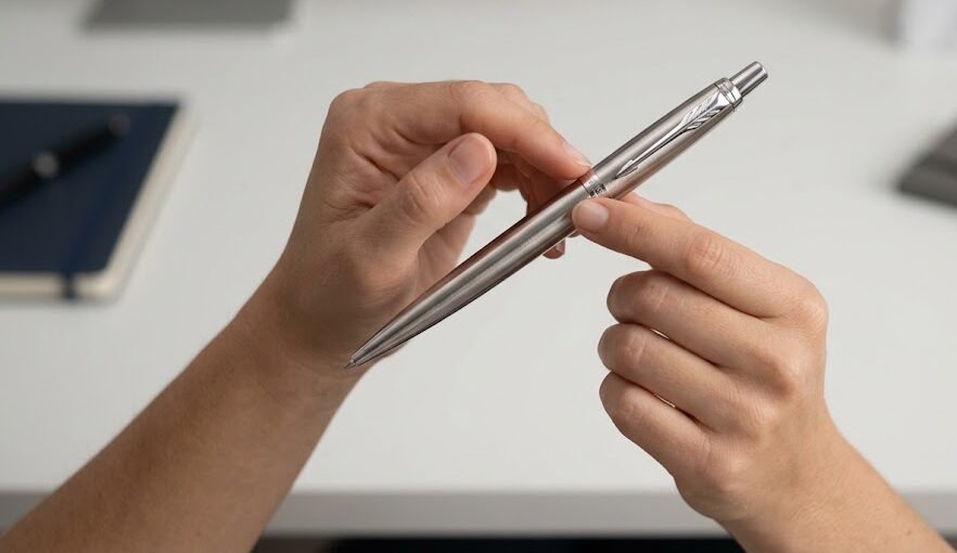 Como Saber Se a Caneta Parker é Original Como Saber Se a Caneta Parker é Original: Única profissional passando o dedo sutilmente sobre as gravações e o clipe de flecha de uma caneta Parker prateada para sentir o acabamento premium.