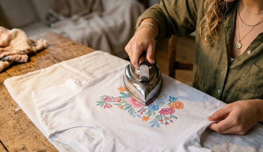 Caneta Posca Serve Para Tecido: Foco nas mãos de uma pessoa passando o ferro quente sem vapor no avesso de uma camiseta de algodão para fixar o desenho feito com caneta Posca.