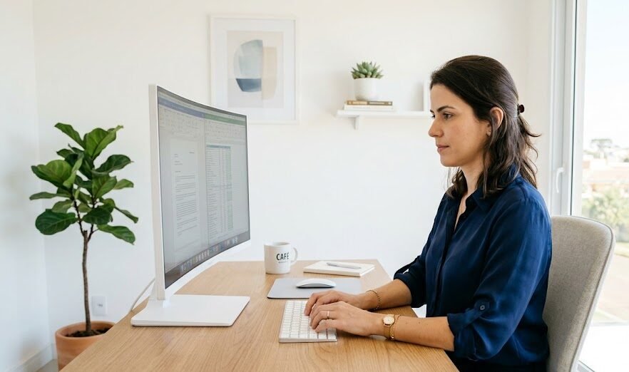 Única profissional elegante sentada em uma mesa de madeira clara, trabalhando em um home office minimalista iluminado por luz natural.