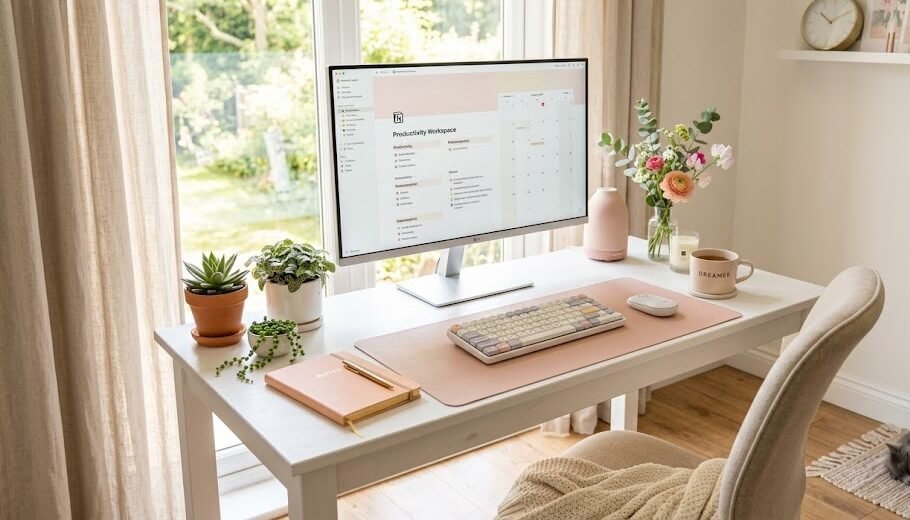 O que é setup Home office feminino clean e organizado com mesa branca, plantas, monitor e decoração minimalista