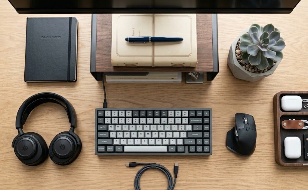 O que é setup Flat lay dos itens essenciais de um setup: teclado, mouse, headset e notebook sobre mesa de madeira