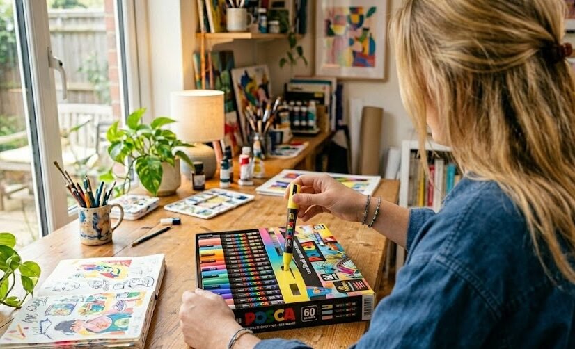 Jovem artista animado abrindo um estojo completo novinho de marcadores Posca em sua mesa de estúdio, tirando uma caneta amarela da caixa.