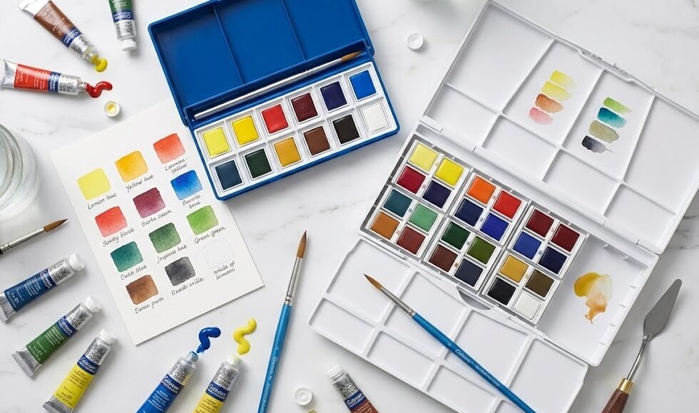 Flat lay comparativo dos kits Winsor Newton Cotman 12 e 24 cores com tubos abertos sobre superfície branca