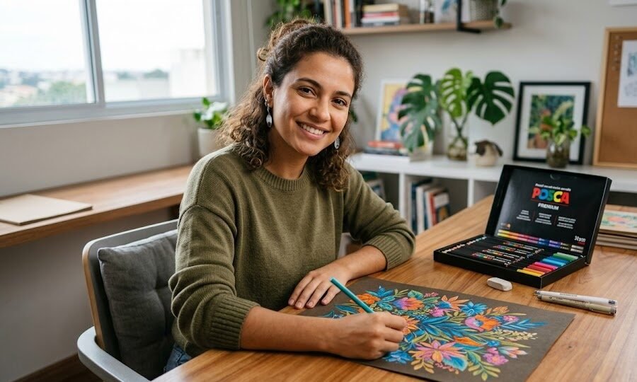 Ilustradora sorridente sentada à mesa pintando uma ilustração vibrante em papel escuro usando um lápis de cor Posca.