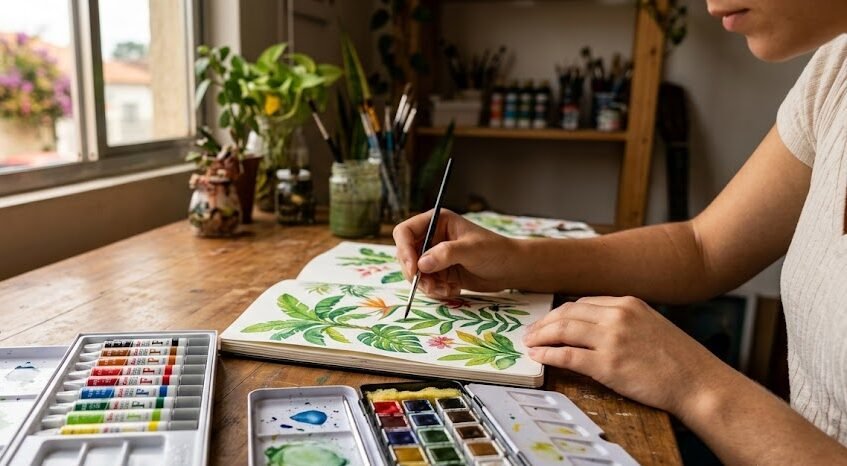 Mulher pintando com aquarela em sketchbook usando os dois kits Pentel e Winsor Newton sobre mesa de madeira