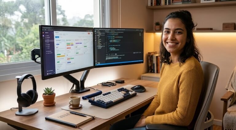 Mulher jovem sorrindo em frente ao seu setup gamer feminino com monitor, teclado e iluminação LED