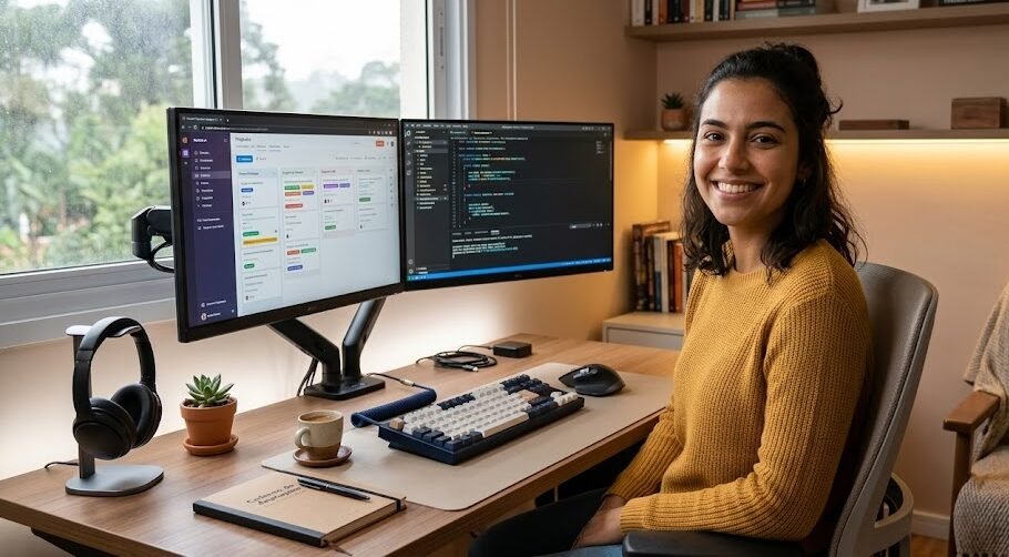 Mulher jovem sorrindo em frente ao seu setup gamer feminino com monitor, teclado e iluminação LED
