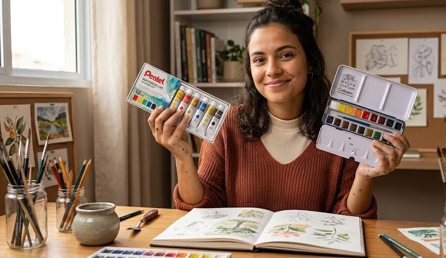 Mulher jovem segurando kit de aquarela Pentel em uma mão e Winsor Newton Cotman na outra, sorrindo em mesa de arte