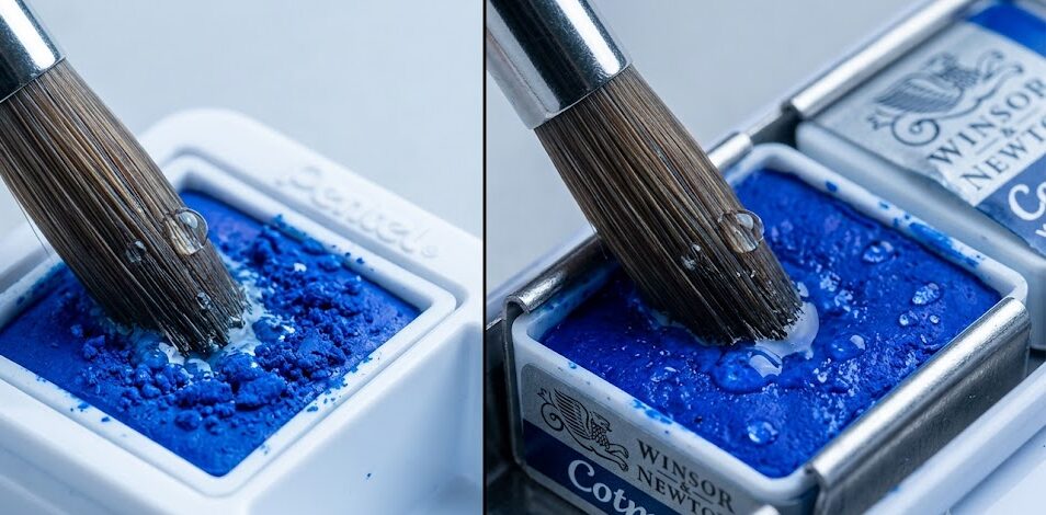 Detalhe macro dos pigmentos ativados das aquarelas Pentel e Winsor Newton Cotman com pincel úmido sobre as pastilhas