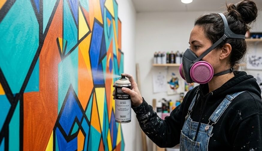 Artista profissional aplicando verniz em spray sobre um mural geométrico colorido feito com canetas Posca para selar e proteger a tinta.