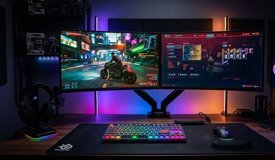 O que é setup O que é setup: Setup gamer completo com dois monitores, teclado mecânico, mouse e iluminação RGB em quarto escuro