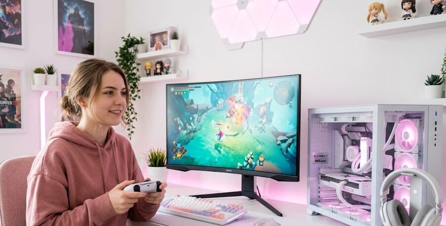Única gamer segurando um controle branco em um setup iluminado com leds rosa pastel e periféricos brancos.