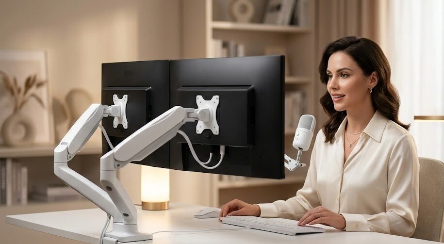 Setup Gamer Feminino: Única streamer olhando para dois monitores flutuantes sustentados por um suporte articulado branco em uma mesa sem fios aparentes.