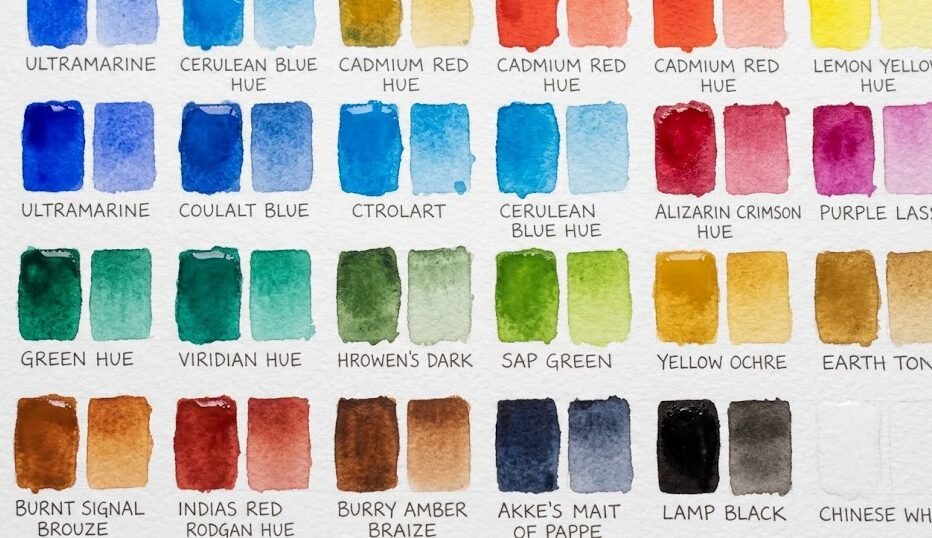 Swatches de cores da aquarela Winsor Newton Cotman pintados em papel 300g mostrando transparência e pigmentação