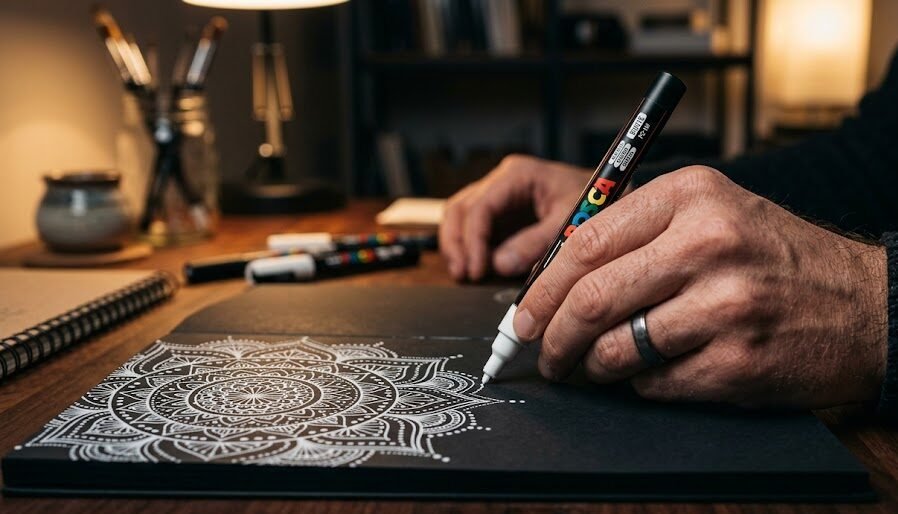 Caneta Posca Branca Foco nas mãos de um artista desenhando mandalas incrivelmente detalhadas em um caderno de folhas pretas usando uma Posca branca de ponta fina.