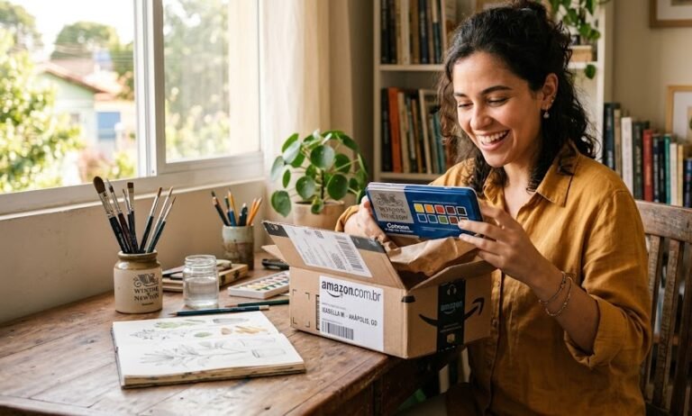 Mulher desembrulhando kit de aquarela Winsor Newton Cotman de caixa da Amazon com expressão de surpresa e alegria