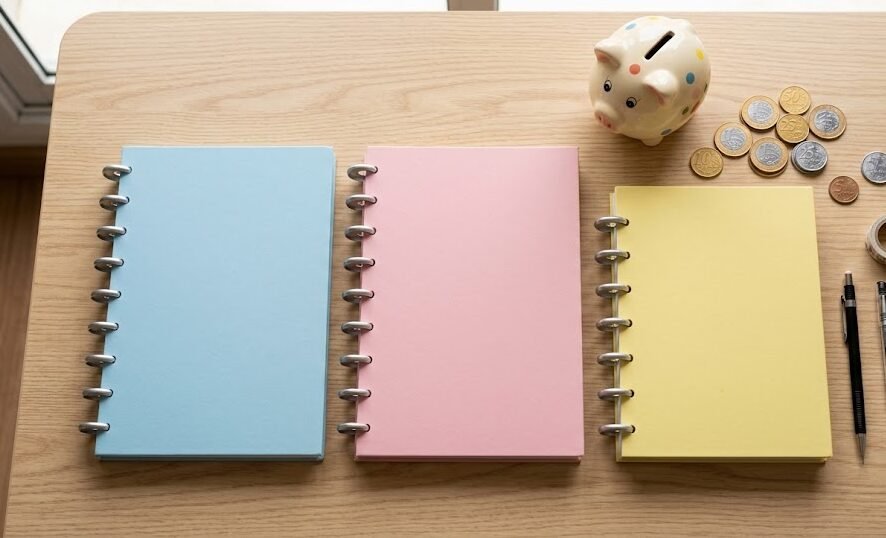 Caderno Inteligente Barato: Três cadernos inteligentes de capas lisas e baratas em tons pastel ao lado de moedas e um cofrinho, representando economia.