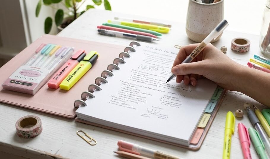 Caderno Inteligente Grande ou Pequeno: Mão de estudante escrevendo em um caderno inteligente universitário grande cercado de canetas coloridas.