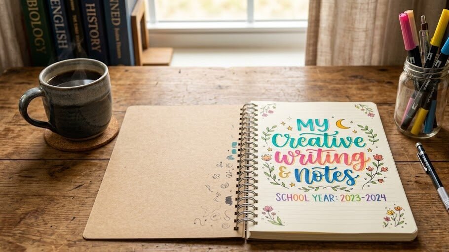 Caderno escolar aberto sobre uma mesa de madeira exibindo um título lindamente decorado com canetinhas coloridas.
