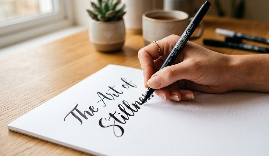Mão de uma artista escrevendo caligrafia moderna com uma brush pen preta em um papel pontilhado.